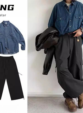 两件装/春秋新款日系基础款工装牛仔衬衫男女生宽松长袖衬衣套装