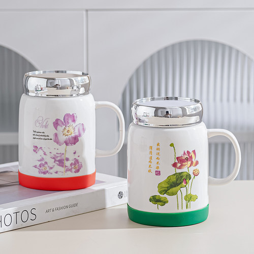 陶瓷杯莲花图案耐高温，大容量