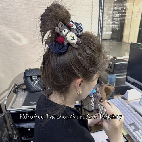 韩国可爱兔子布艺格子大肠圈头绳