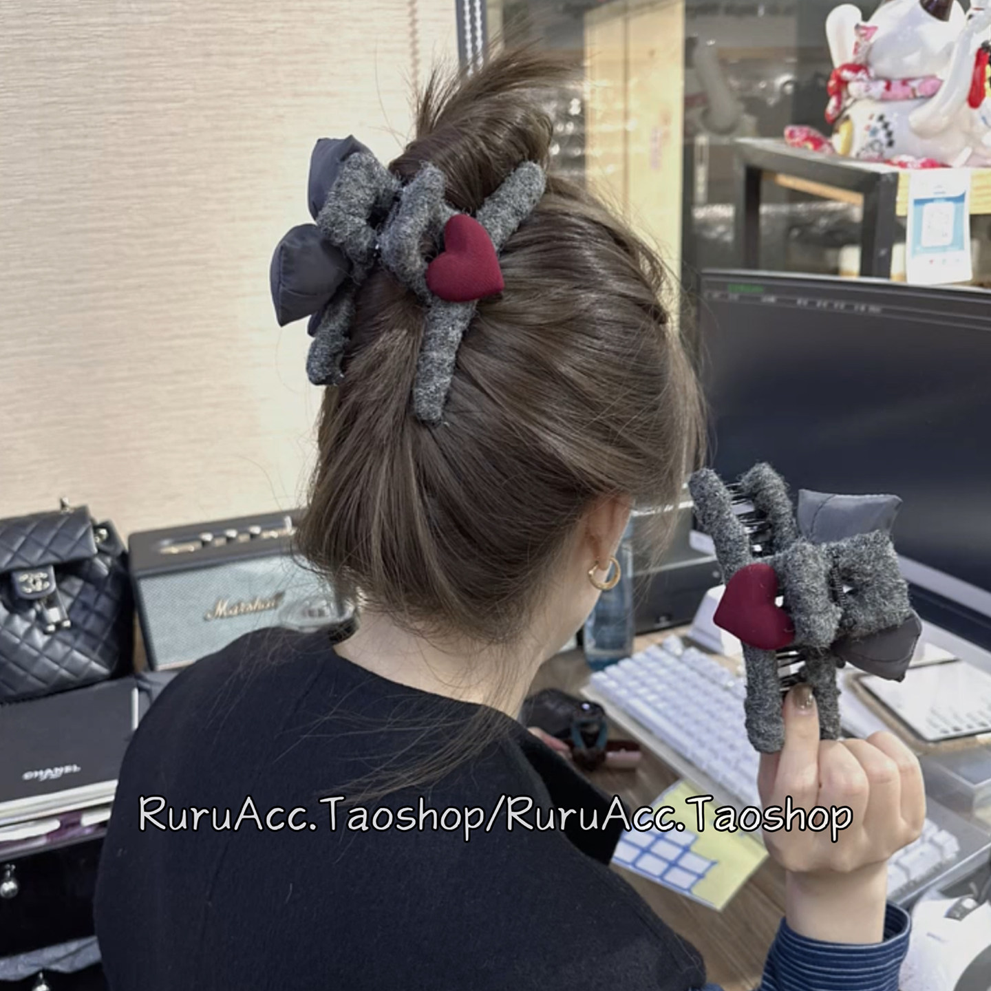 高级小众AB版红色爱心灰色蝴蝶结抓夹后脑勺盘发夹韩国网红鲨鱼夹