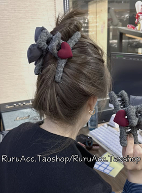 高级小众AB版红色爱心灰色蝴蝶结抓夹后脑勺盘发夹韩国网红鲨鱼夹