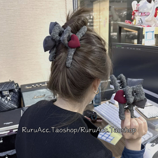 高级小众AB版红色爱心灰色蝴蝶结抓夹后脑勺盘发夹韩国网红鲨鱼夹