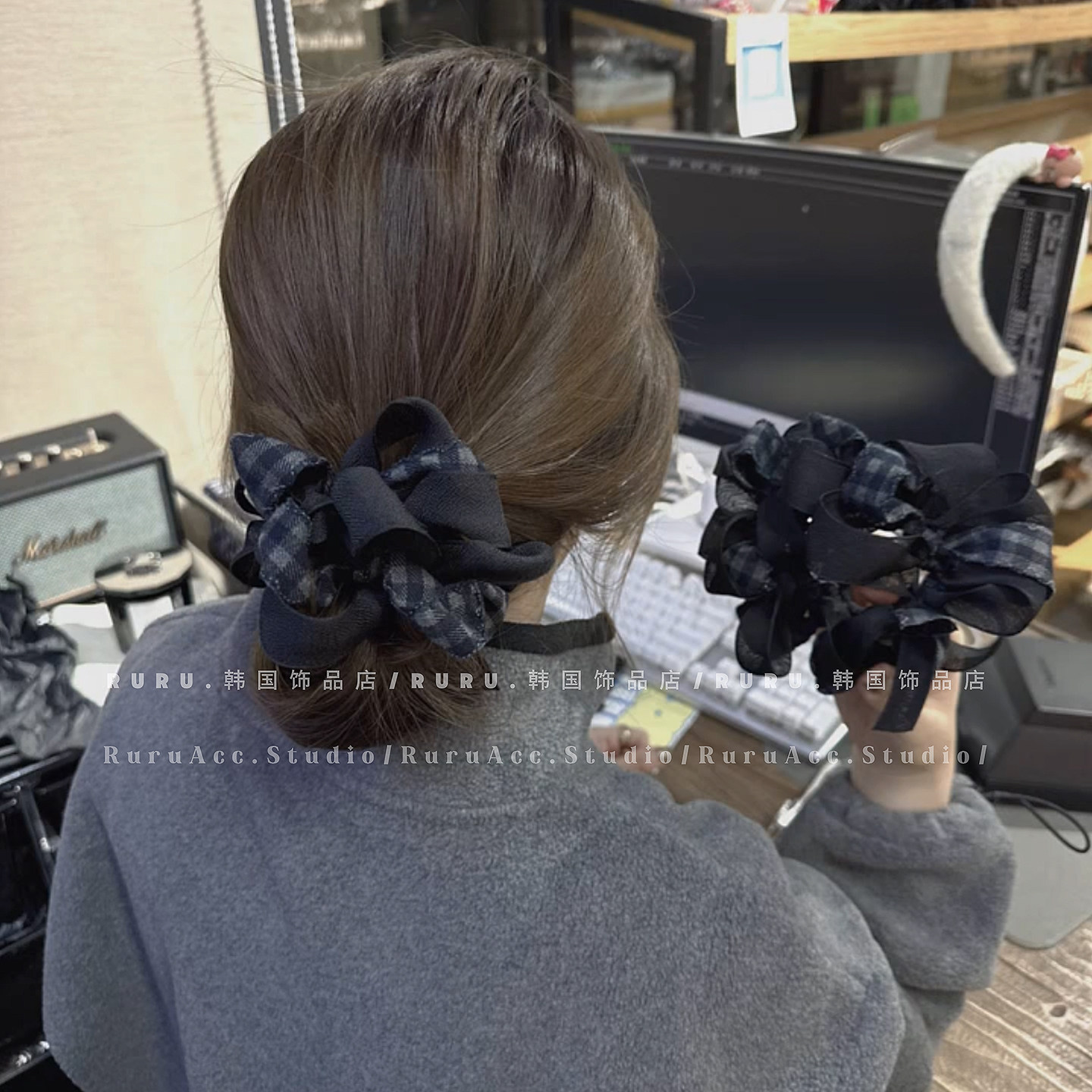 巨显发量高弹力扎头绳韩系格纹手工编织蝴蝶结大肠发圈丸子头发绳