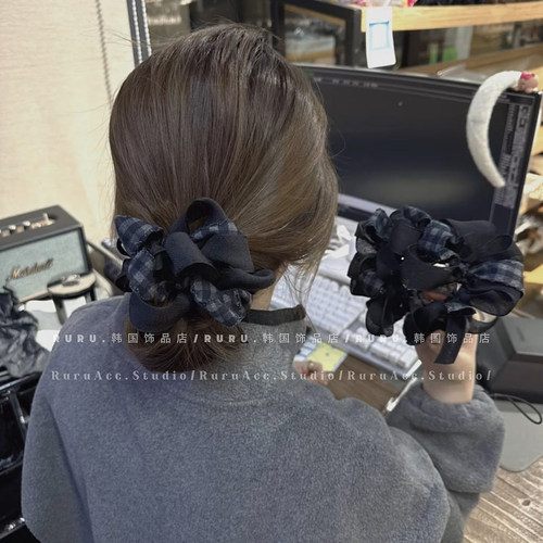 韩国格纹手工编织蝴蝶结发圈头绳