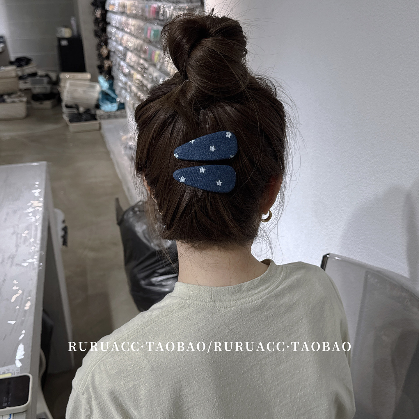 小众复古蓝色牛仔布艺星星发夹子