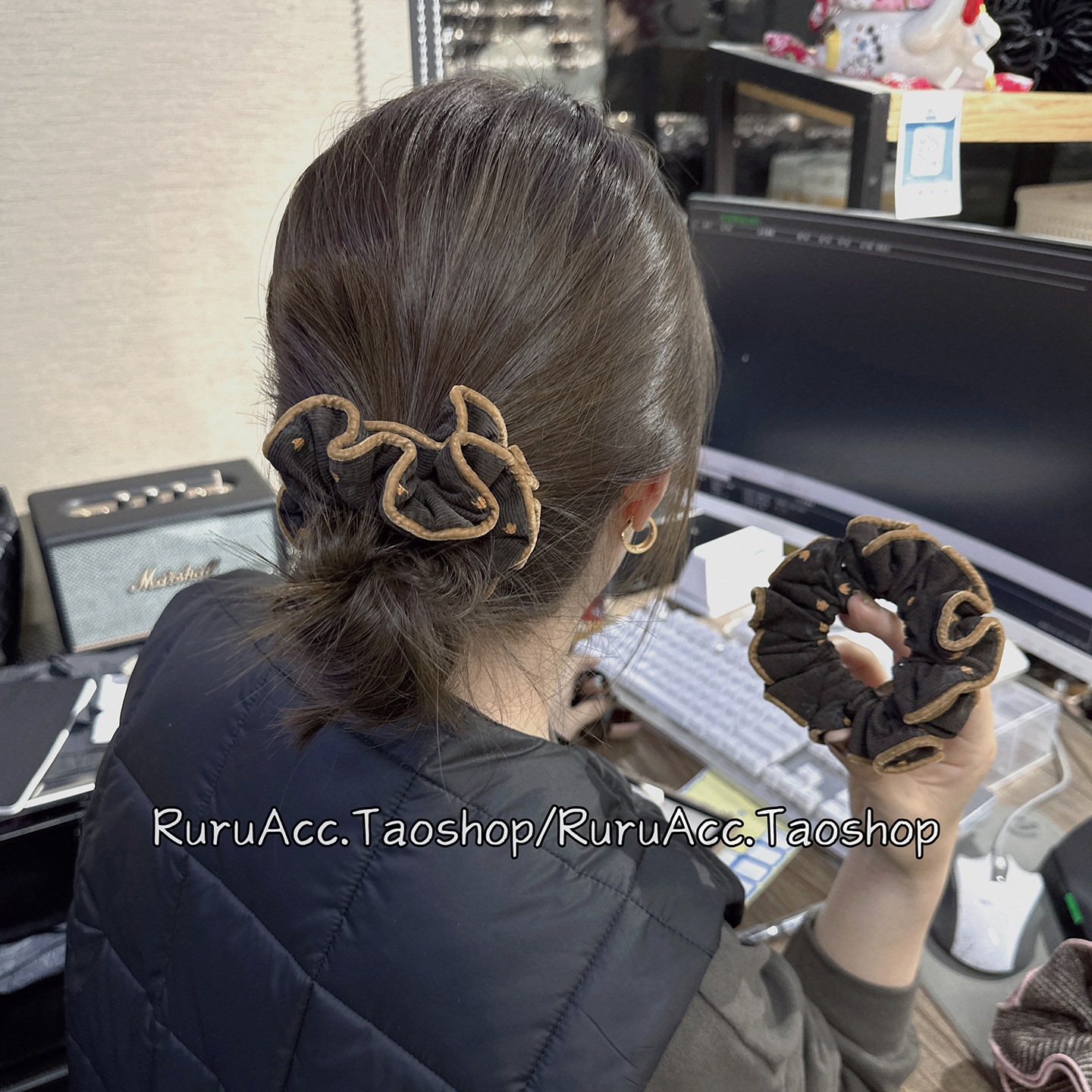 森系复古咖色灯芯绒碎花大肠发圈