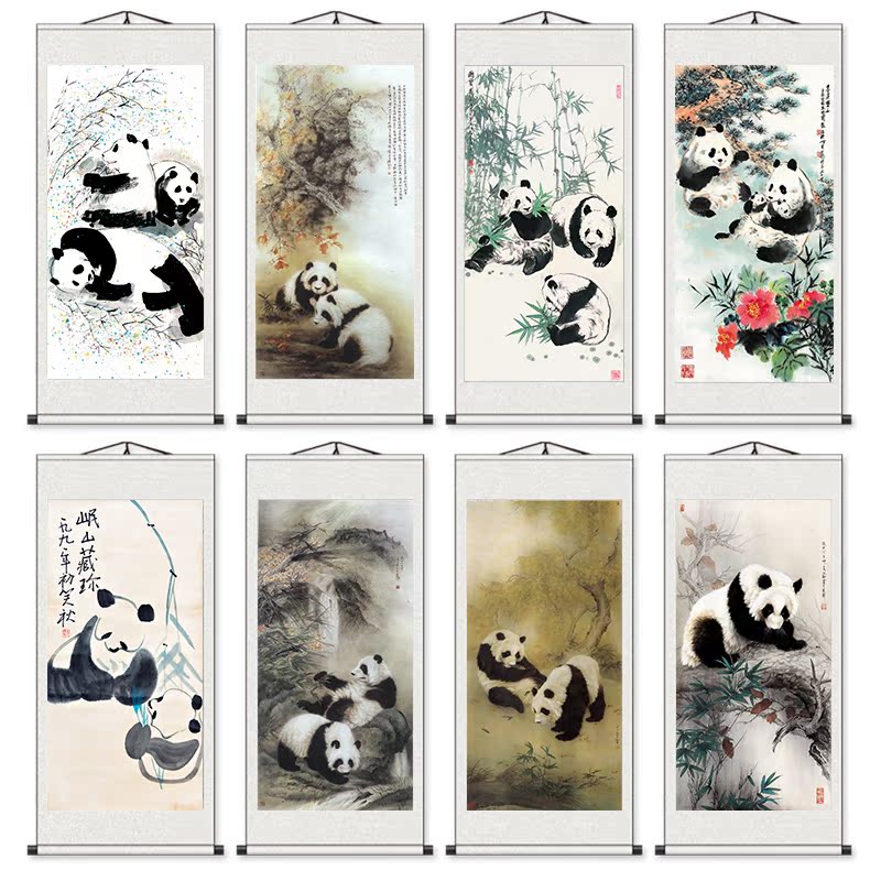 定制卷轴画轴客厅办公室装饰画国宝熊猫国画招财进宝