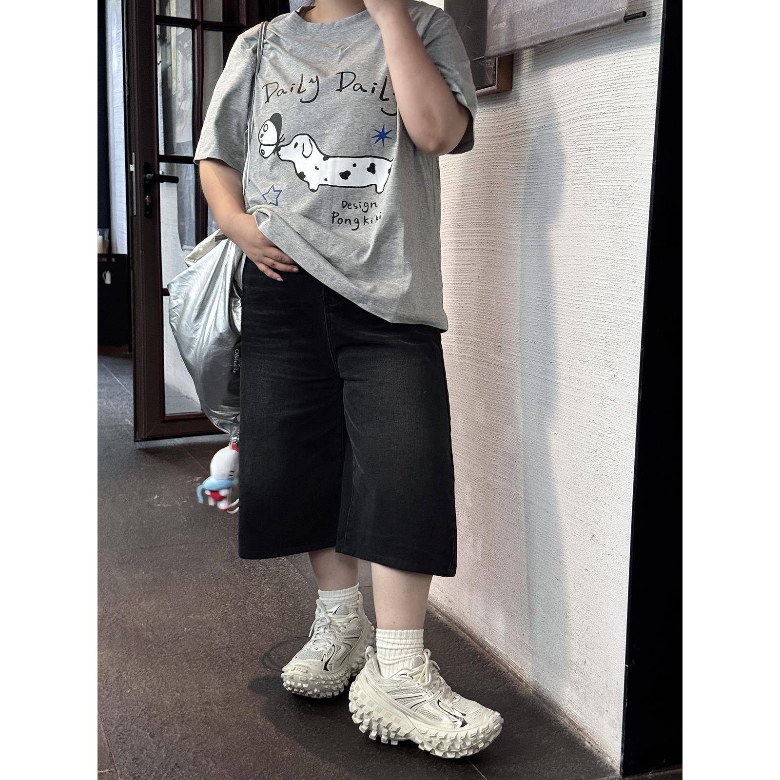 老章和小胖PONGKIKI水洗做旧直筒七分牛仔裤女大码短裤夏胖mm裤子