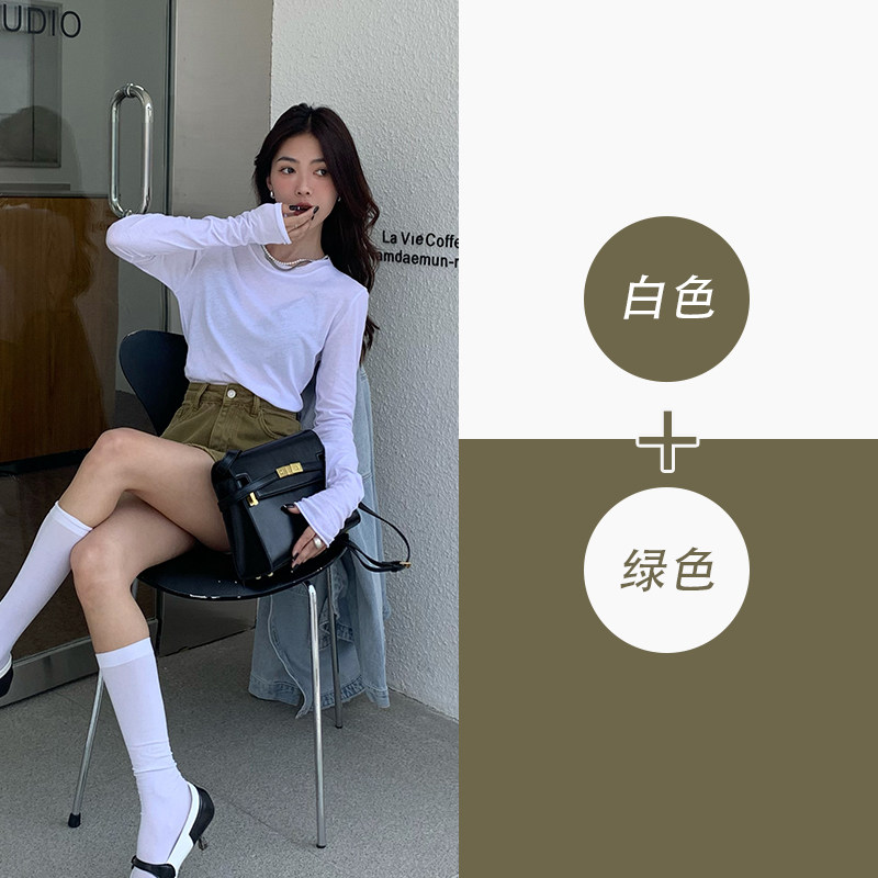 白色长袖T恤女纯棉修身图片