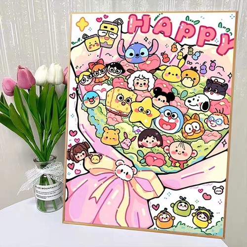 吾欢喜带框满钻钻石画卡通大家族