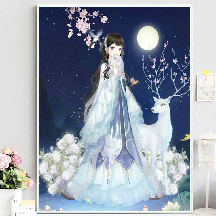 带框卡通女孩麋鹿钻石画手工diy点贴粘钻5d满钻钻石绣十字绣客厅