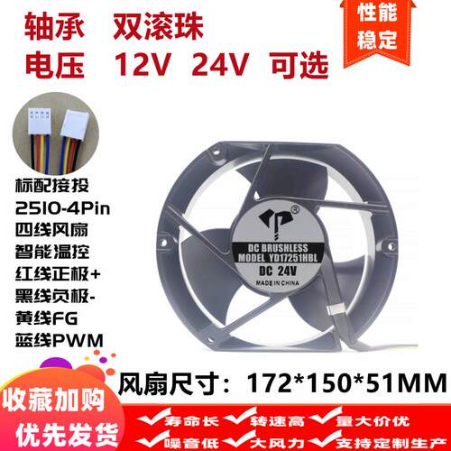 全新17.2cm风量17251滚珠四线PWM智能温控12V24V48V机箱 散热风扇