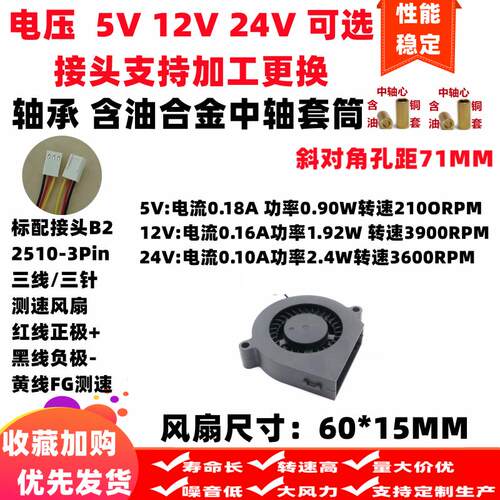 全新6cm厘米6015涡轮鼓风60*15MM三线主板FG测速5V12V24V散热风扇