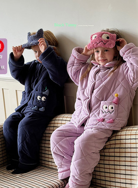 小黑托昵儿童睡衣25冬季男童女童三层夹棉家居服加厚套装小黑托尼