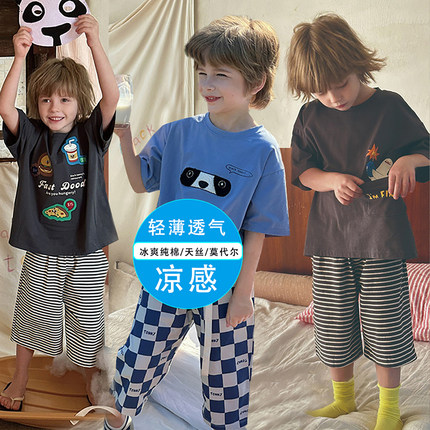 小黑托昵男童家居服春夏薄款纯棉短袖男孩莫代尔小黑托尼儿童睡衣