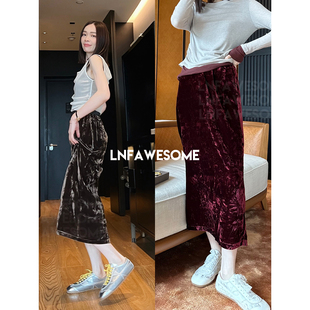 LNFAWESOME 流光丝绒抓褶拼皮后开衩半身裙