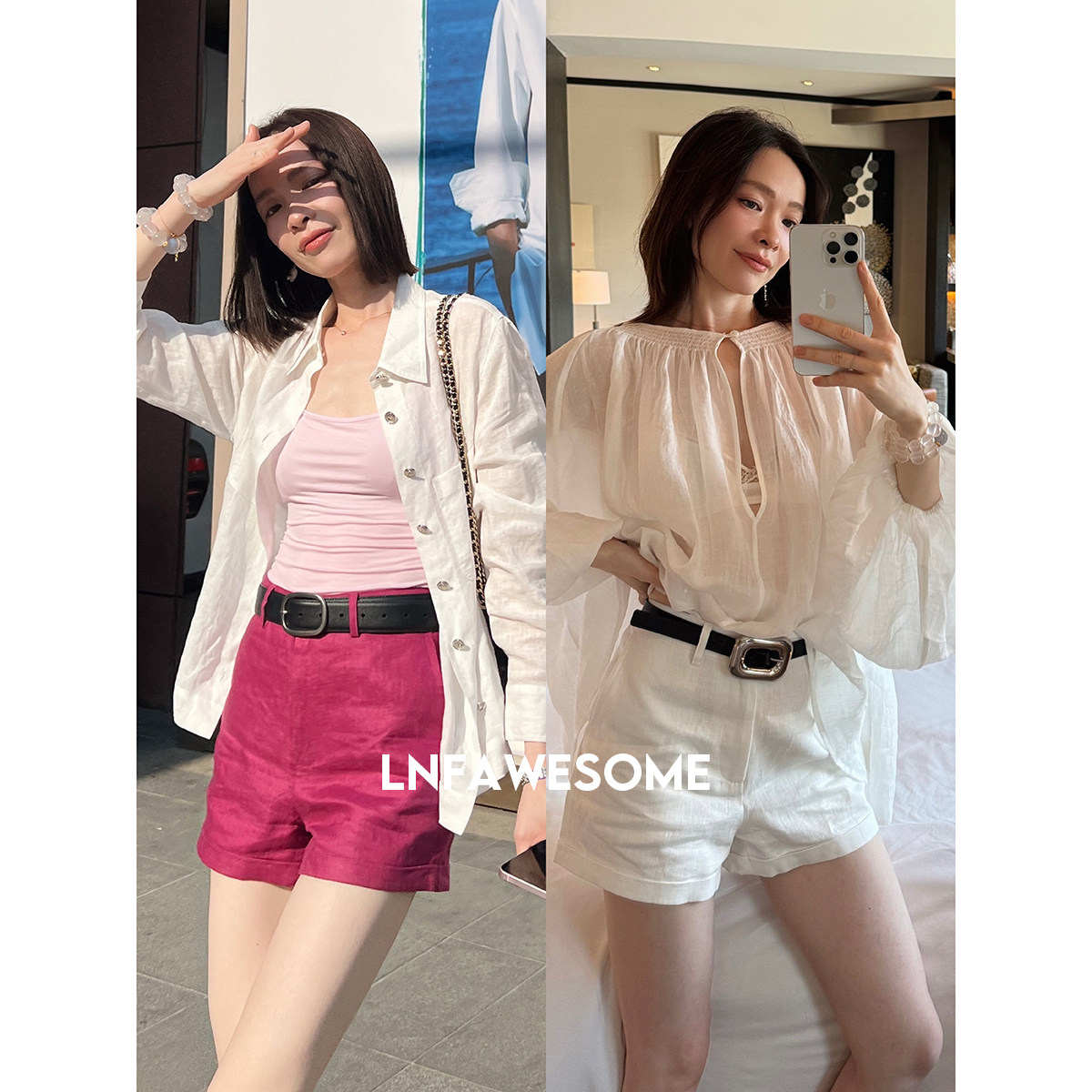 LNFAWESOME 100%进口亚麻高腰卷边短裤