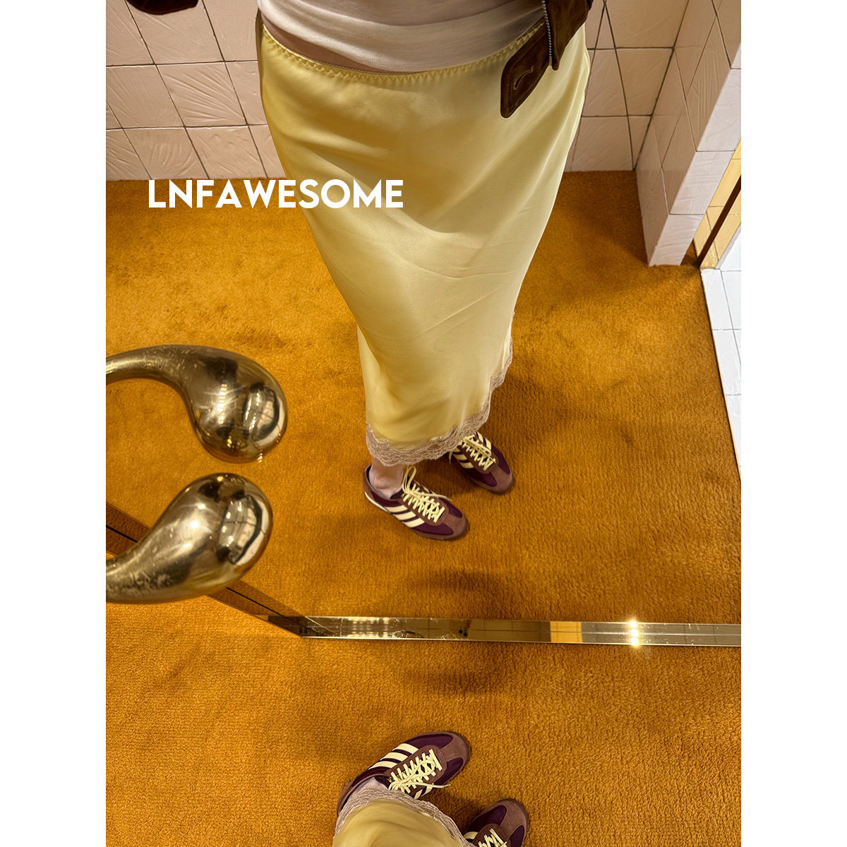 LNFAWESOME 暖调鹅黄色蕾丝花边斜裁高腰半身裙长裙（双层不透）