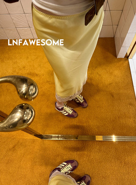 LNFAWESOME 暖调鹅黄色蕾丝花边斜裁高腰半身裙长裙（双层不透）