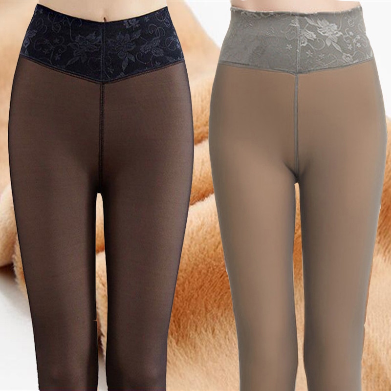 秋冬加绒加厚灰透肤网纱打底裤女外穿防勾丝黑透肤踩脚保暖女裤