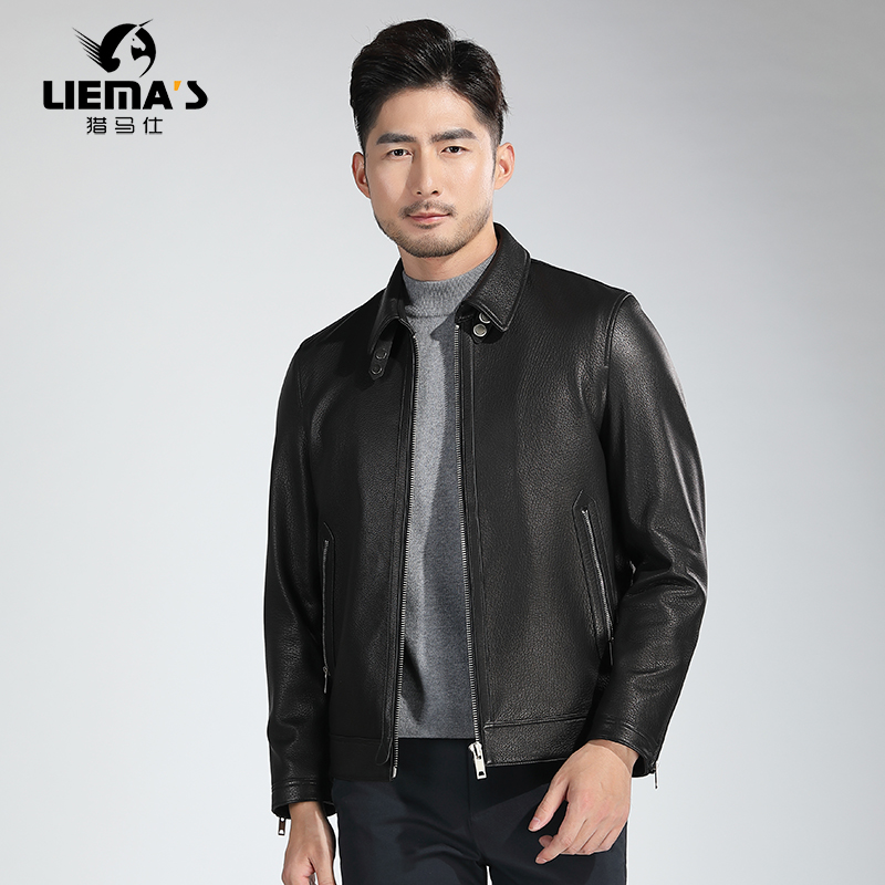 头层牛皮小翻领真皮夹克男装