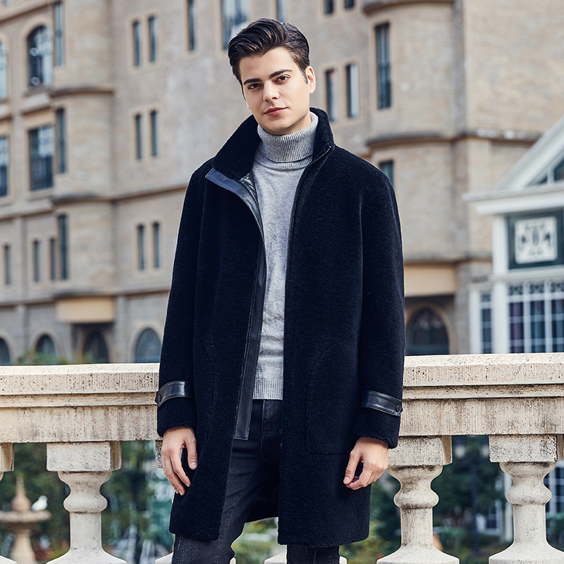 海宁冬季男士中长款羊剪绒皮大衣