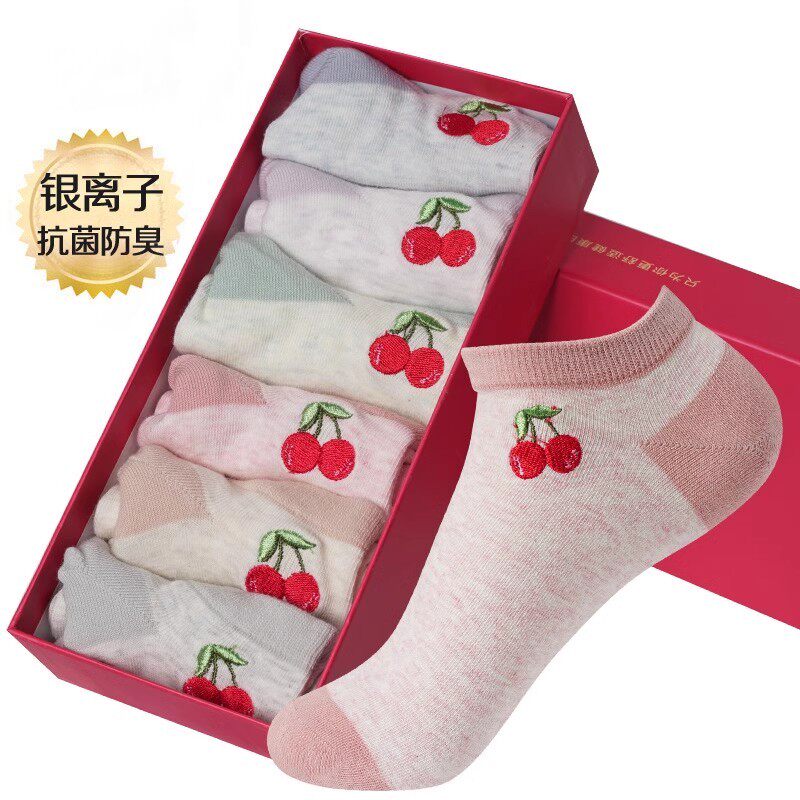 康博抗菌袜纳米银防臭女袜时尚短筒袜多彩刺绣樱桃棉袜女吸汗船袜