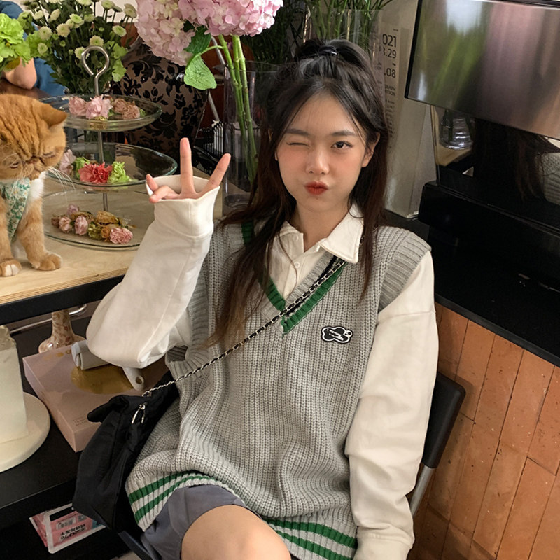 TEA DEPARTMENT WEARS A COMPLETE SET OF VEST SHIRTS TWO-PIECE SETS WOMENS AUTUMN AND WINTER SWEATERS VESTS AND SMALL PREPPY SUITS