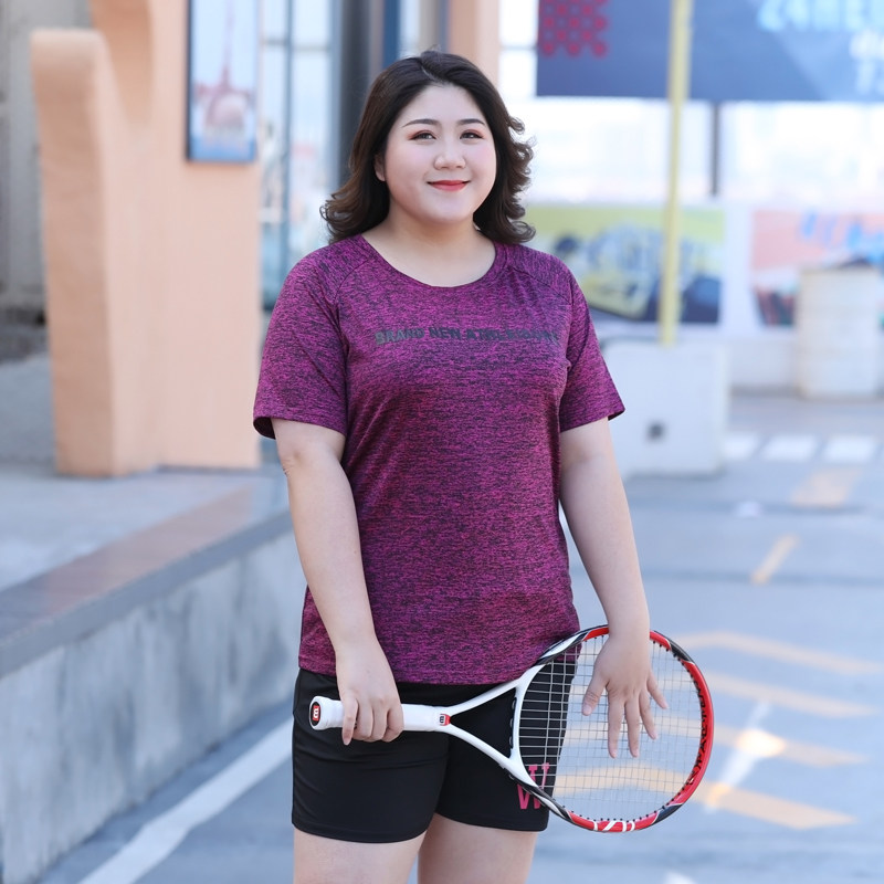 夏装短袖速干T恤女加肥加大码200斤胖mm宽松遮肉运动冰丝休闲上衣