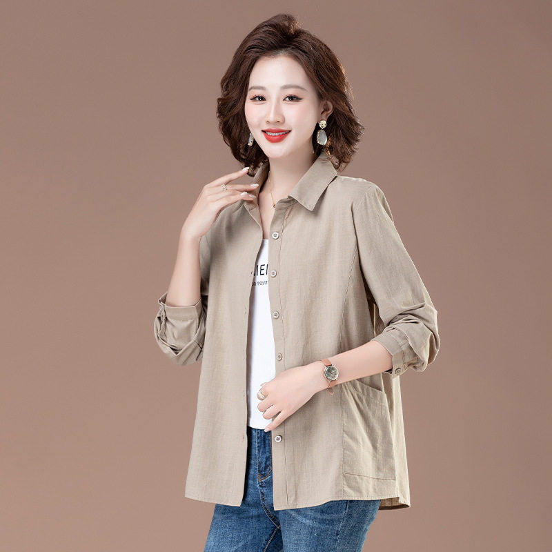 200斤加肥加大码棉麻女衬衫春秋季长袖中年妈妈宽松翻领纯棉衬衣