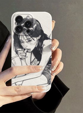 高冷黑白漫画少女适用苹果16promax手机壳情侣p50/p40硬壳nova9男女款13p/15pro保护套小米13/12荣耀70/80/xr