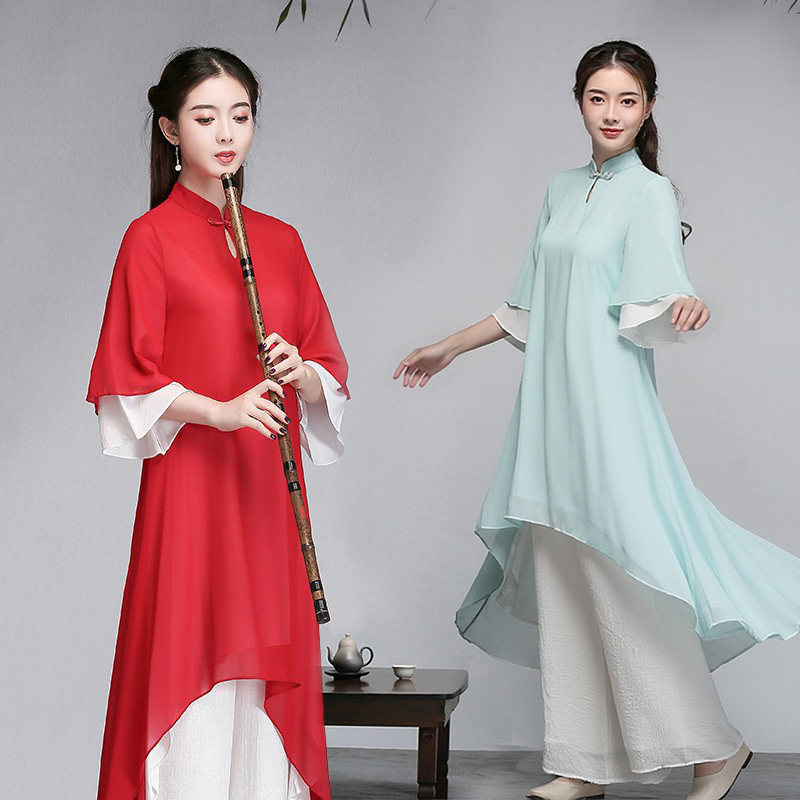 古筝演出服成人中国风禅舞服女茶服套装立领雪纺连衣裙复古两件套