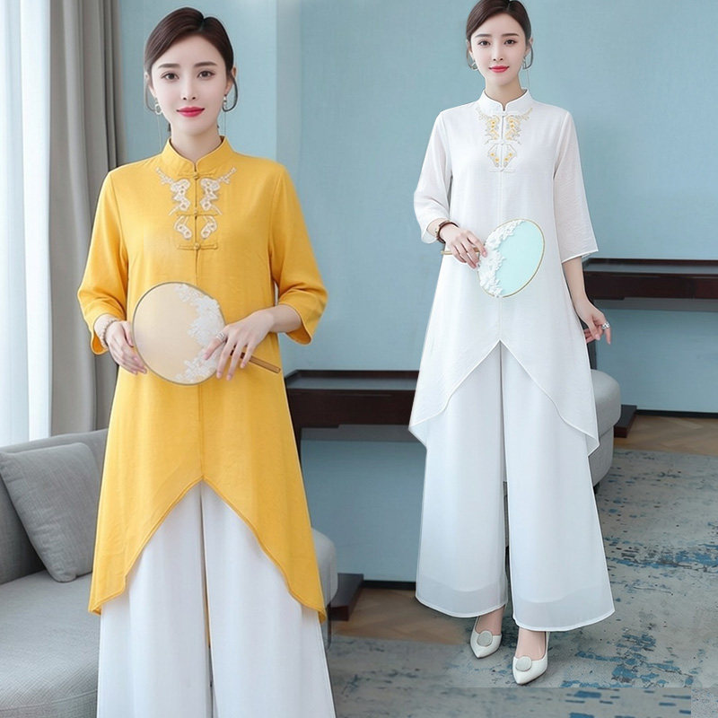 新中式立领七分袖刺绣上衣女宽松中长款气质优雅禅意茶服两件套装