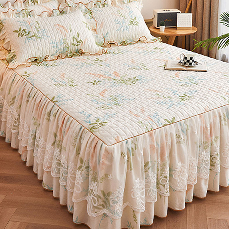 2025新款蕾丝公主风全棉夹棉床裙单件加厚纯棉花边床罩床单三件套