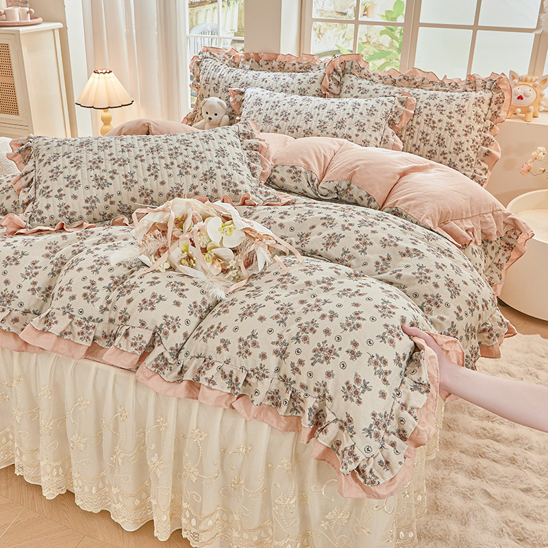 A类全棉双层纱夹棉床盖四件套法式浪漫蕾丝边床单罩被套纯棉4件套