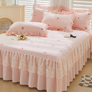 花边夹棉刺绣小樱桃纯棉床裙单件全棉床罩床裙款 三件套床单遮丑