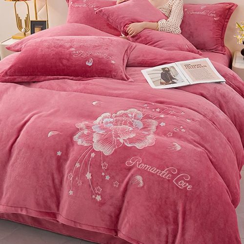 纯色刺绣牛奶绒四件套2025