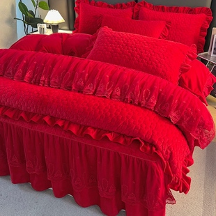 A类红色婴儿牛奶绒夹棉床裙款花边被套四件套冬季珊瑚绒床单婚庆
