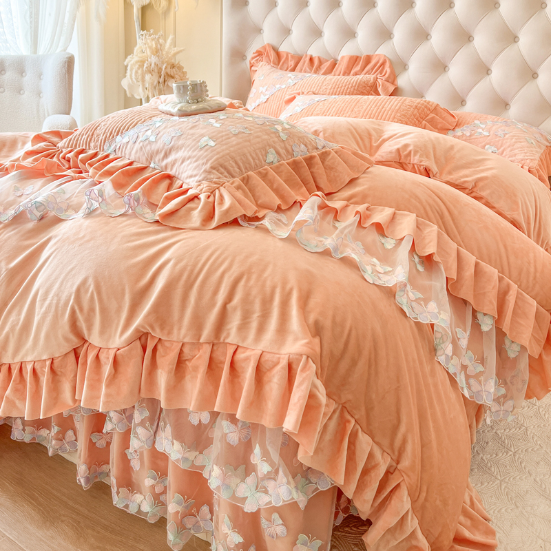 新款宝宝绒高档刺绣花边床裙款四件套公主风冬季加厚蕾丝保暖被套