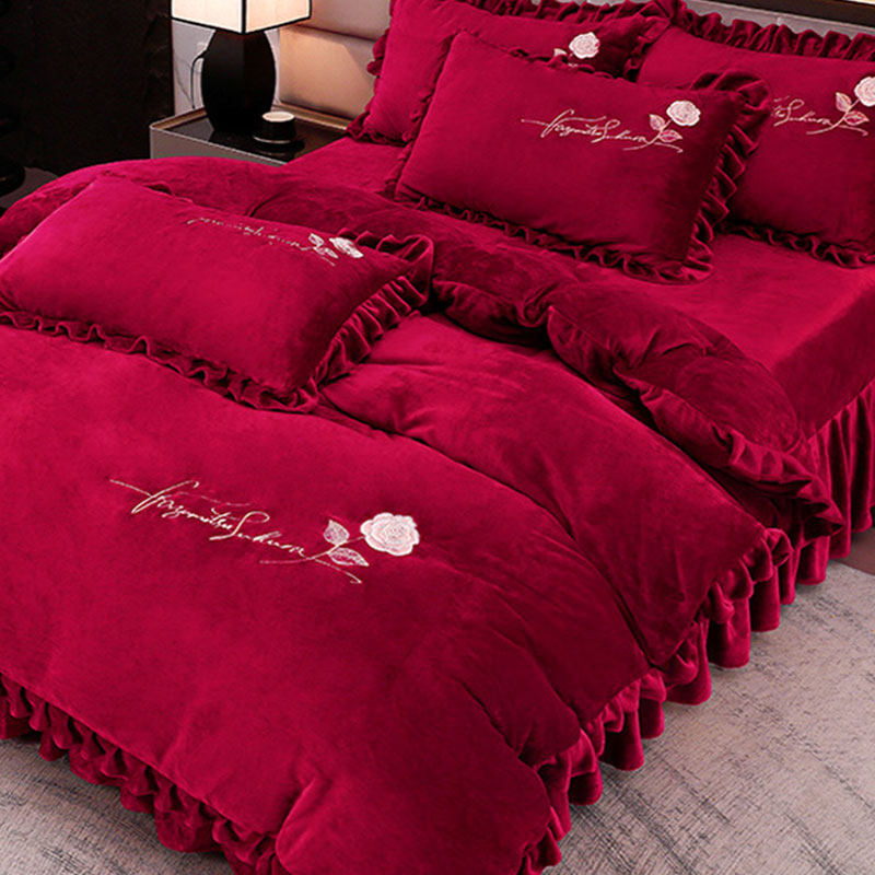 加绒牛奶绒四件套冬季加厚双面法兰珊瑚绒花边被套床上床裙高级感,床上用品,床品套件/四件套/多件套,淘宝优惠券,粉丝福利购,淘宝优惠卷