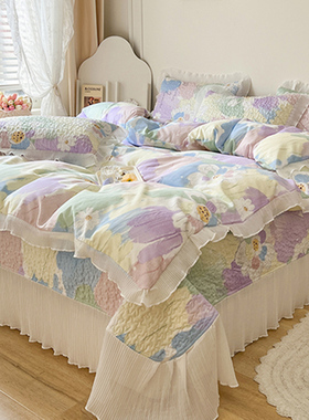 韩版床盖80支纯棉三四件套公主风全棉床单被套四季榻榻米夹棉绗缝
