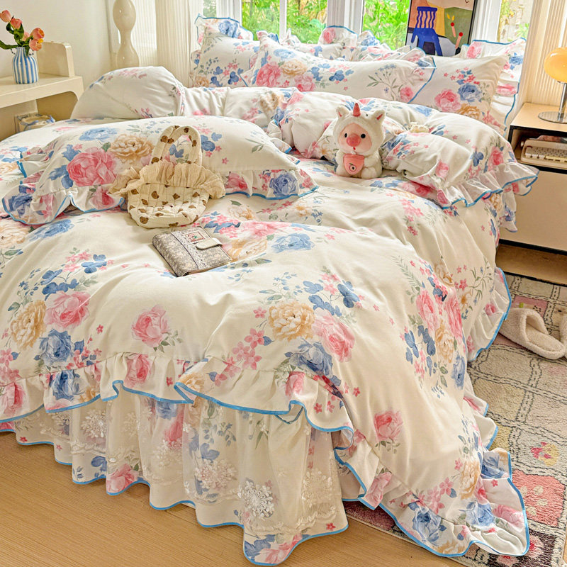 舒适新款加厚水洗斜纹棉磨毛床盖四件套夹棉床盖印花磨毛清新被套