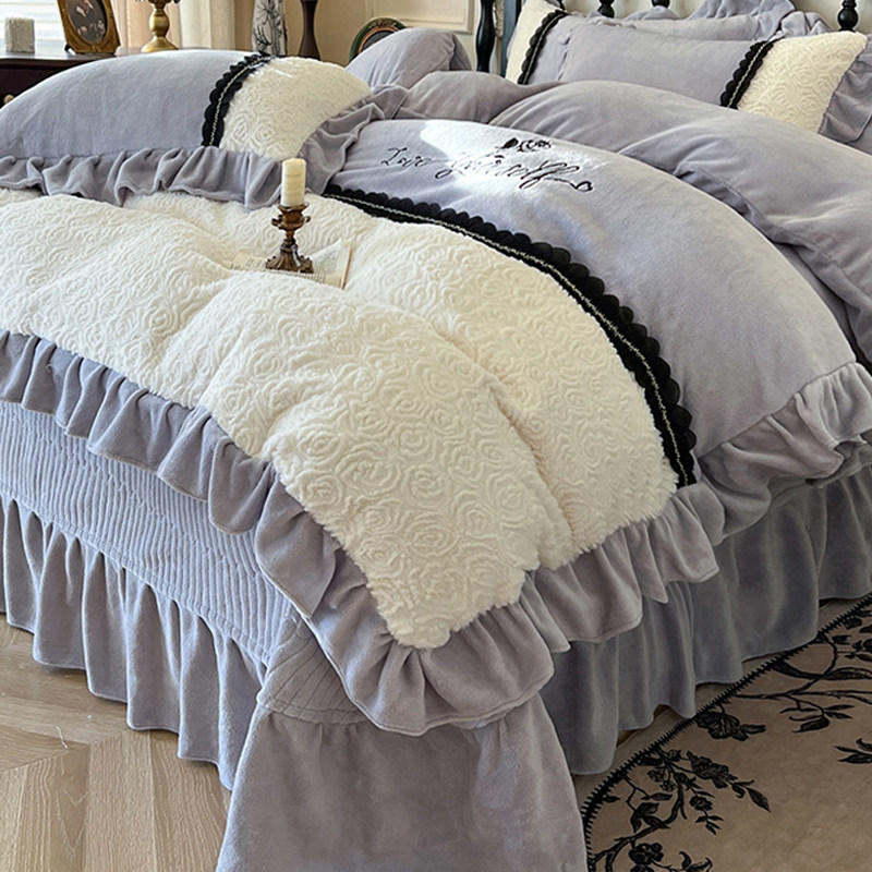 法式高档公主风加绒牛奶绒四件套冬季加厚珊瑚绒床盖款被套高级感