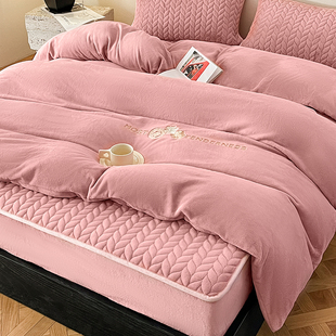 牛奶绒四件套冬季双面加绒加厚夹棉床笠款床上用品法兰珊瑚绒被套