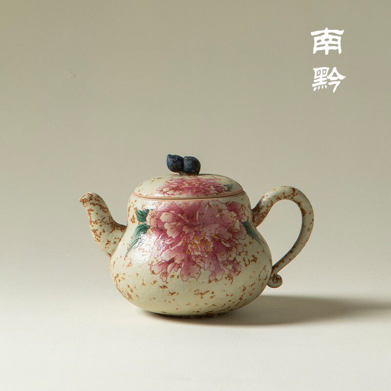 南黔青花火石红牡丹葫芦壶中式复古家用陶瓷茶壶个人专用功夫茶具