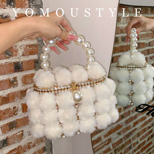 YOMOU水貂毛茸茸金属鸟笼水桶秋冬宴会闪亮不灵水钻石手拿斜挎包