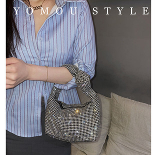 满钻闪亮不灵绳结水钻枕头包晚宴钻石便当包手拿手挽包 YOMOU法式