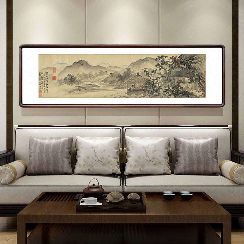 唐伯虎客廳背景墻松崖山水畫