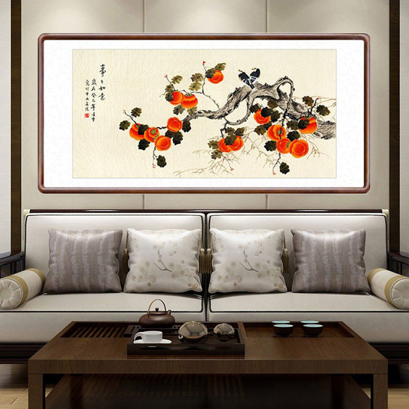 事事如意国画花鸟字画中式客厅背景墙装饰画餐厅柿子横幅带框挂画