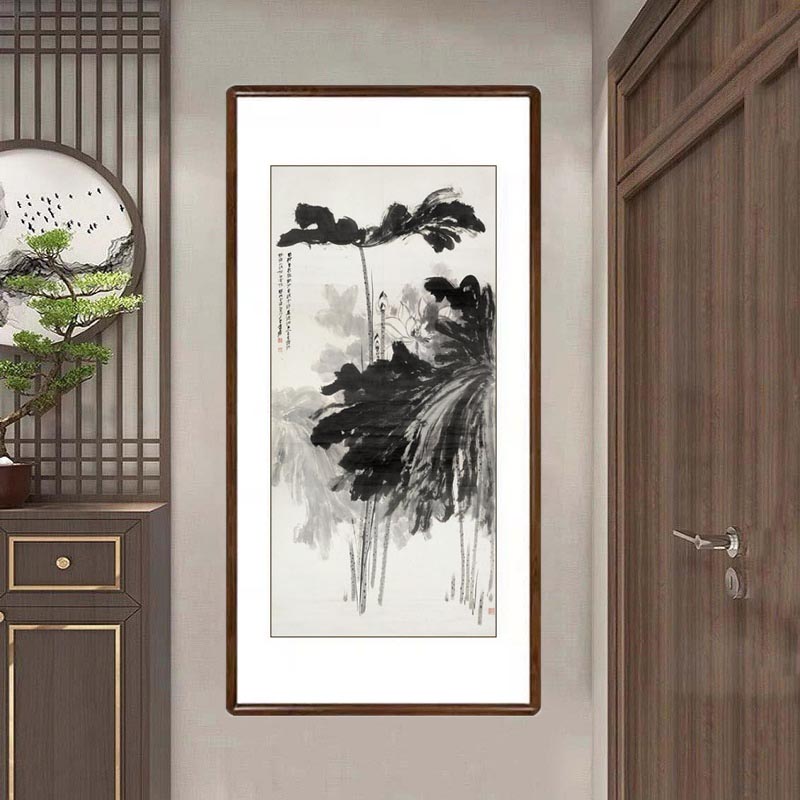 张大千墨荷国画有框客厅玄关装饰壁画书房办公室竖版水墨荷花挂画
